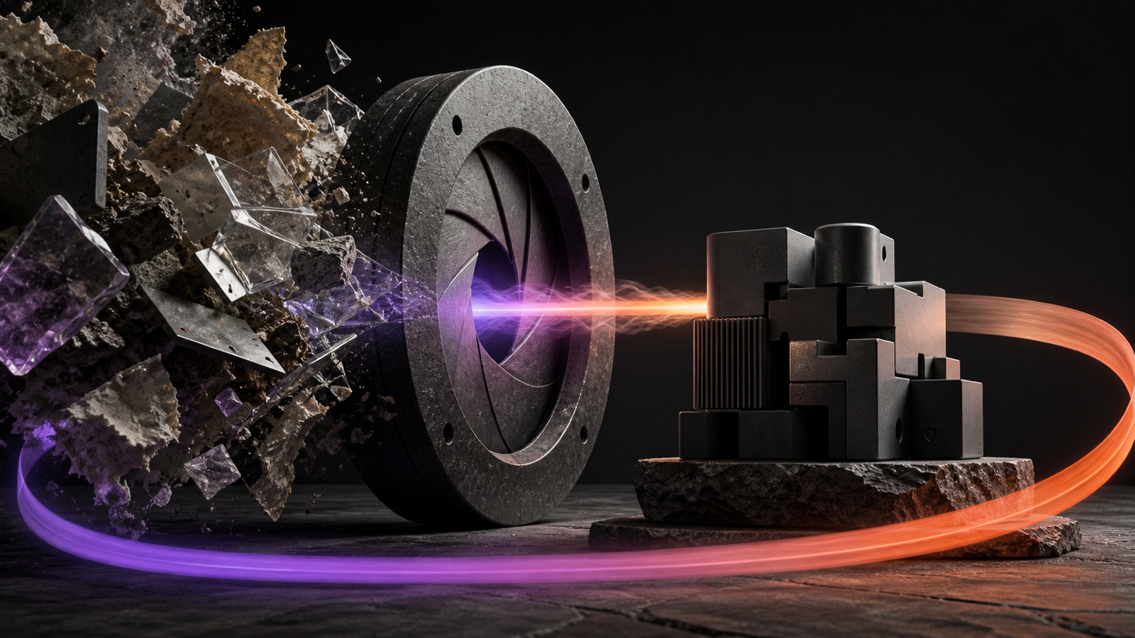 Noisy material fragments pass through a dark aperture and emerge as precise assembled modules while a colored ribbon loops back.